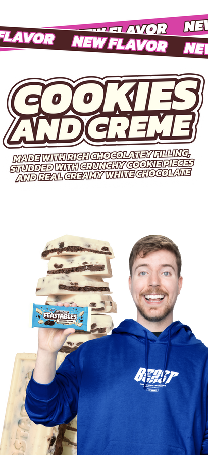 New Flavor!
COOKIES AND CREME
Made with rich chocolatey filling, studded with crunhcy cookie pieces and a real creamy white chocolate