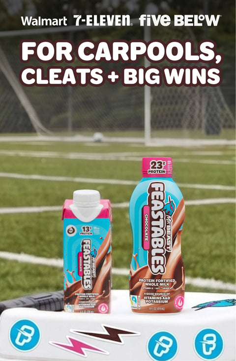 Feastables Chocolate Milk - For carpools, cleats + big wins! Shop online or in-store at Walmart, 7-Eleven & Five Below.