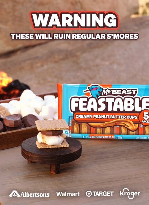 WARNING - These will ruin regular s'mores! Try s'more with Feastables Creamy Peanut Butter cups! Shop online or in-store at Albertsons, Walmart, Target, and Kroger.