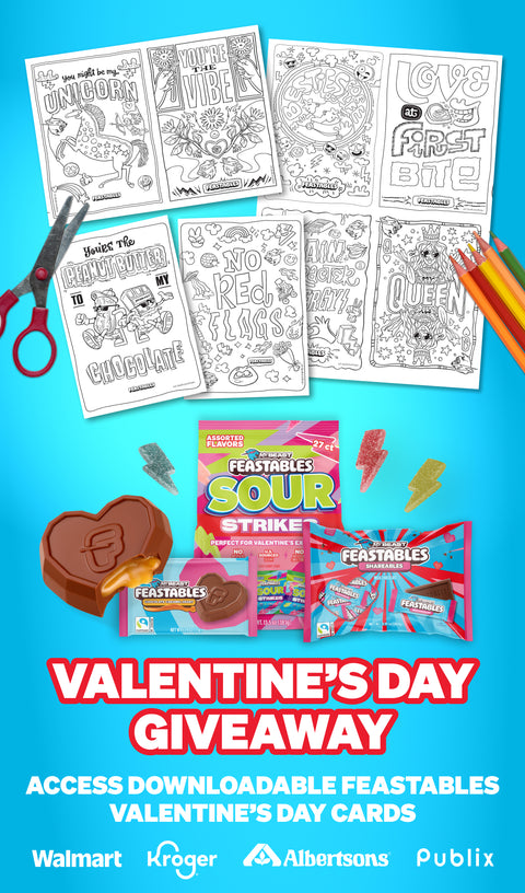 Valentine's Day Giveaway! Get our limited-edition line products at Walmart, Kroger, Albertsons & Publix. Access downloadable Feastables Valentine's Day cards here!